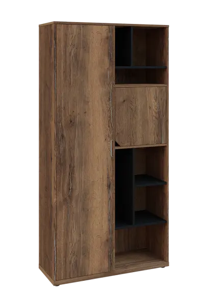 KSR6-83 L skříň šatní, 1x výsuvné ramínko, dvířka, niky, 2053x1022x400 mm, provedení levé, korpus a dvířka dub halifax cínový/police černá